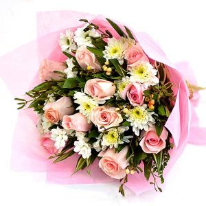 Pretty Bouquet In Pink- Bunch In Pink Roses & Chrysanthemum